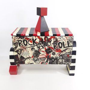 Wood Trinket Stash Box Pop Culture Art Retro Rock Abstract Black White Striped